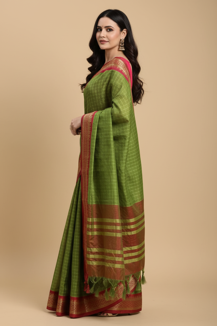 Snuggle Spot Women's Cotton Silk Checkered Saree With Unstitched Blouse 5.5Mtr (Mehendi)