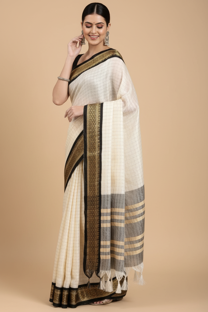 Snuggle Spot Women's Cotton Silk Checkered Saree With Unstitched Blouse 5.5Mtr (Black)