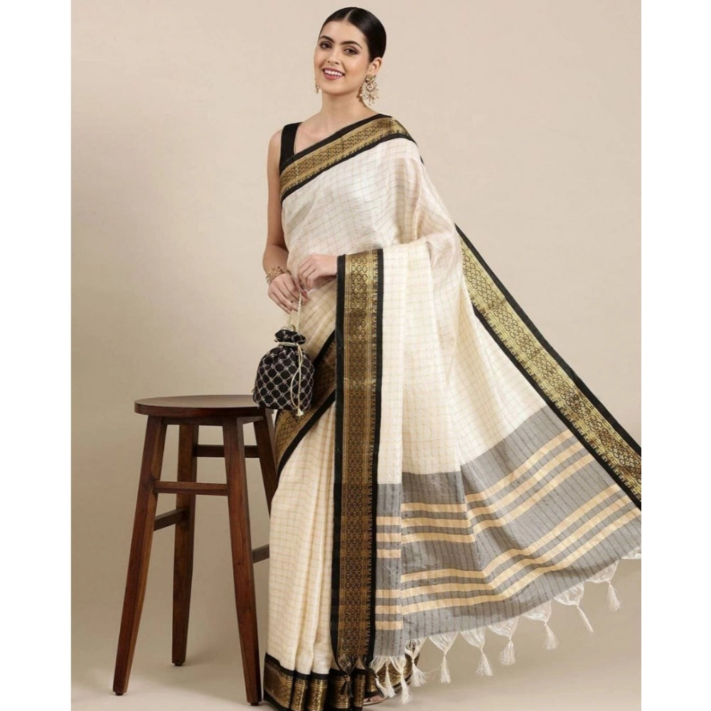Snuggle Spot Women's Cotton Silk Checkered Saree With Unstitched Blouse 5.5Mtr (Black)