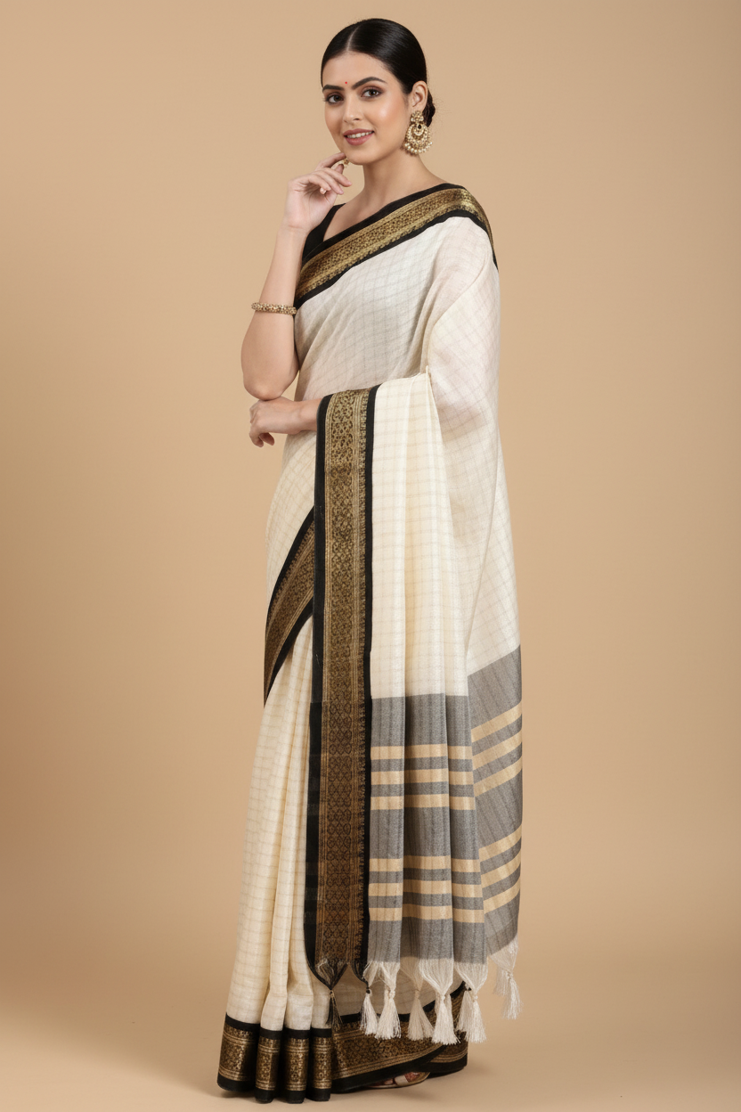 Snuggle Spot Women's Cotton Silk Checkered Saree With Unstitched Blouse 5.5Mtr (Black)