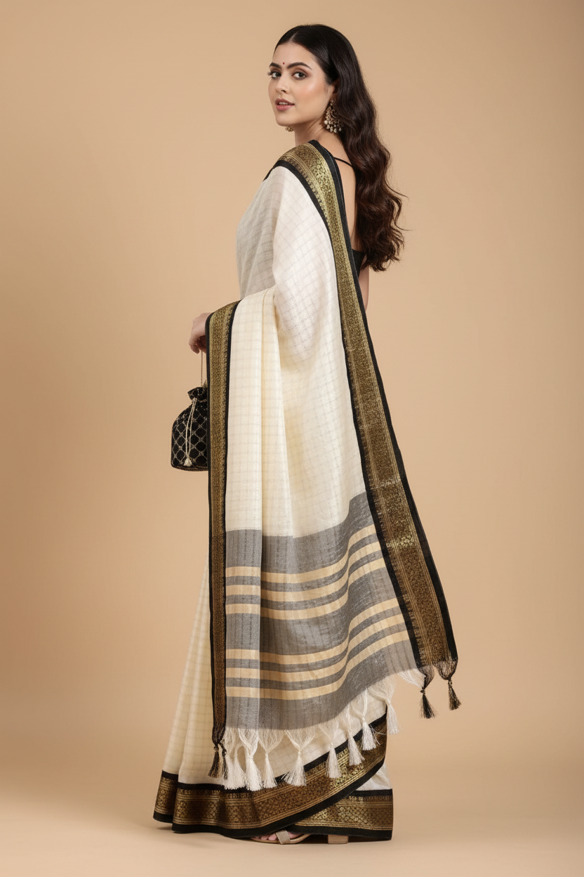 Snuggle Spot Women's Cotton Silk Checkered Saree With Unstitched Blouse 5.5Mtr (Black)