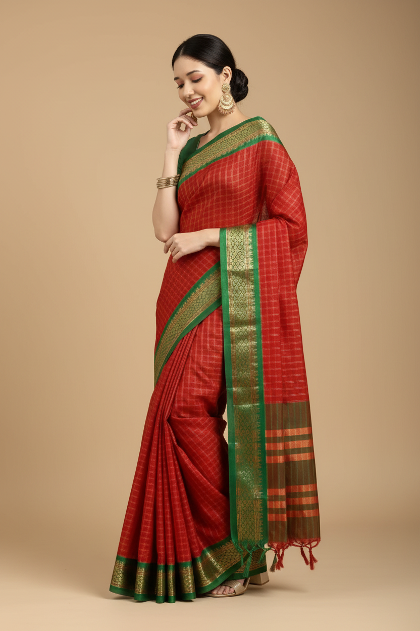 Snuggle Spot Women's Cotton Silk Checkered Saree With Unstitched Blouse 5.5Mtr (Red)
