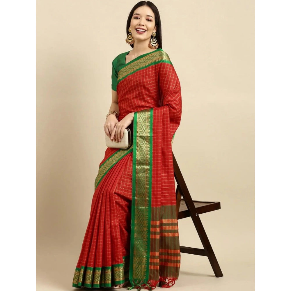 Snuggle Spot Women's Cotton Silk Checkered Saree With Unstitched Blouse 5.5Mtr (Red)