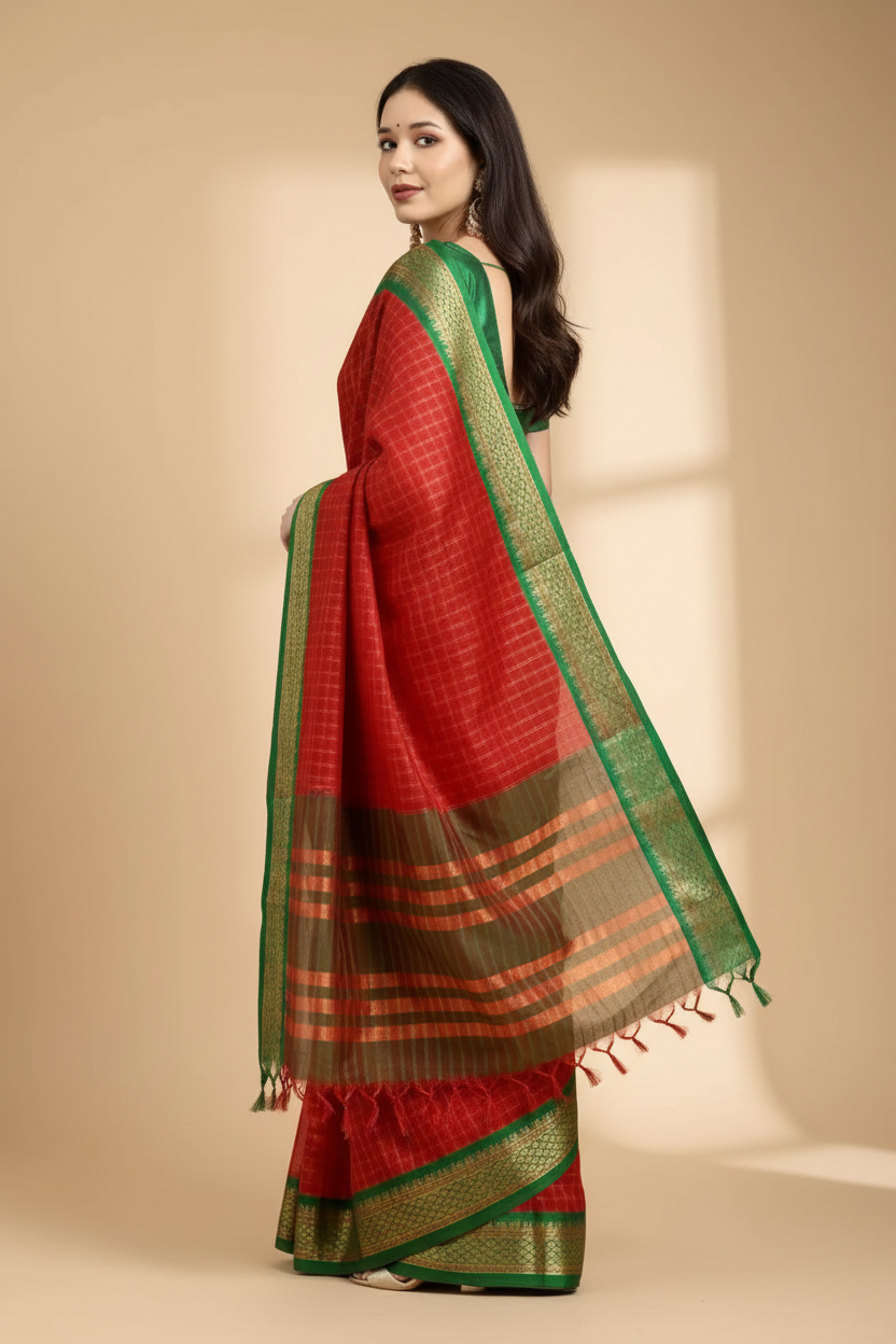 Snuggle Spot Women's Cotton Silk Checkered Saree With Unstitched Blouse 5.5Mtr (Red)
