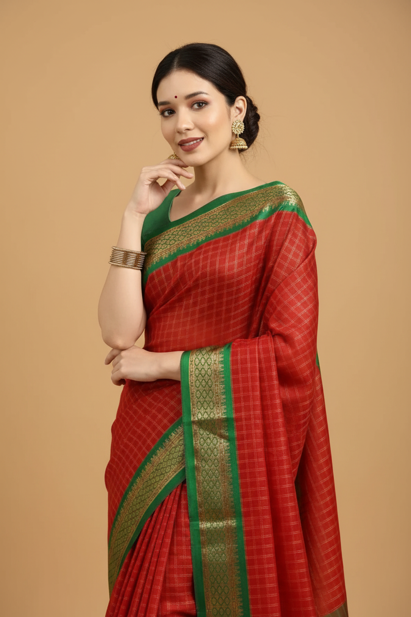 Snuggle Spot Women's Cotton Silk Checkered Saree With Unstitched Blouse 5.5Mtr (Red)