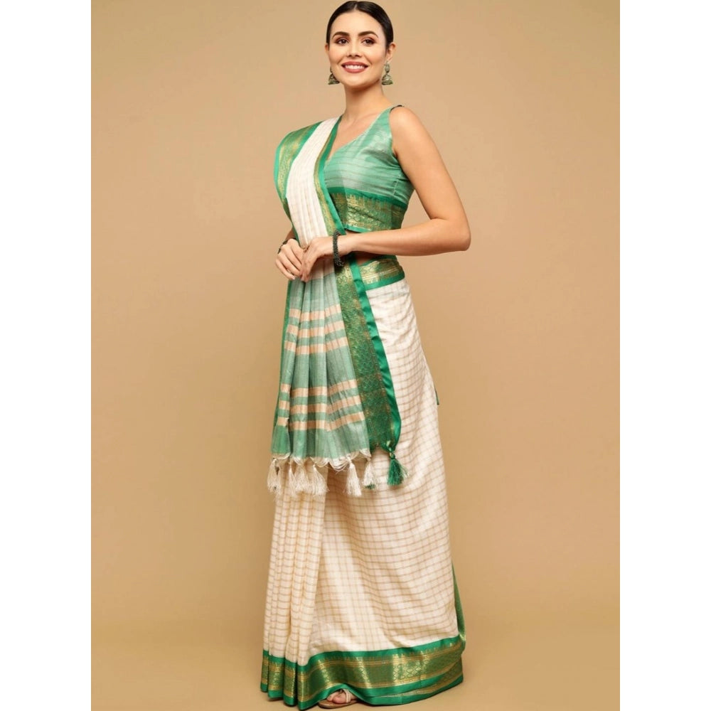 Snuggle Spot Women's Cotton Silk Checkered Saree With Unstitched Blouse 5.5Mtr (Green)