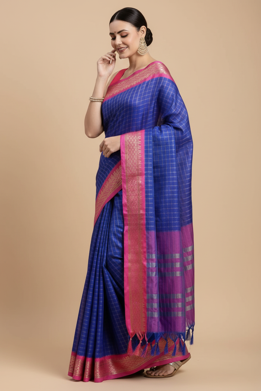 Snuggle Spot Women's Cotton Silk Checkered Saree With Unstitched Blouse 5.5Mtr (R Blue)