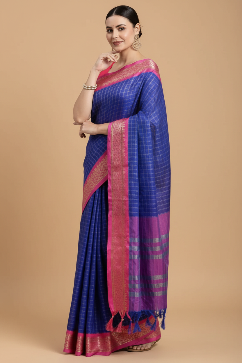 Snuggle Spot Women's Cotton Silk Checkered Saree With Unstitched Blouse 5.5Mtr (R Blue)