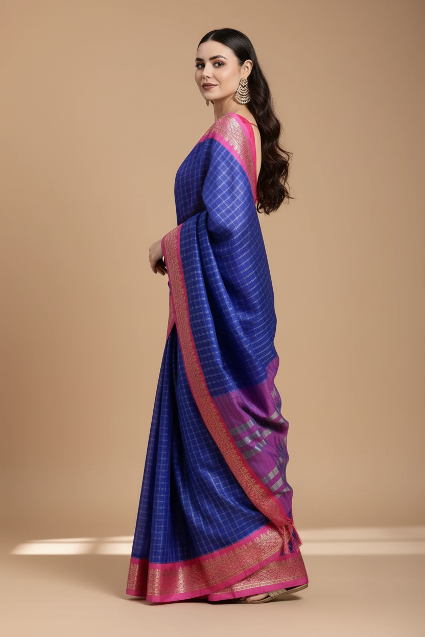 Snuggle Spot Women's Cotton Silk Checkered Saree With Unstitched Blouse 5.5Mtr (R Blue)