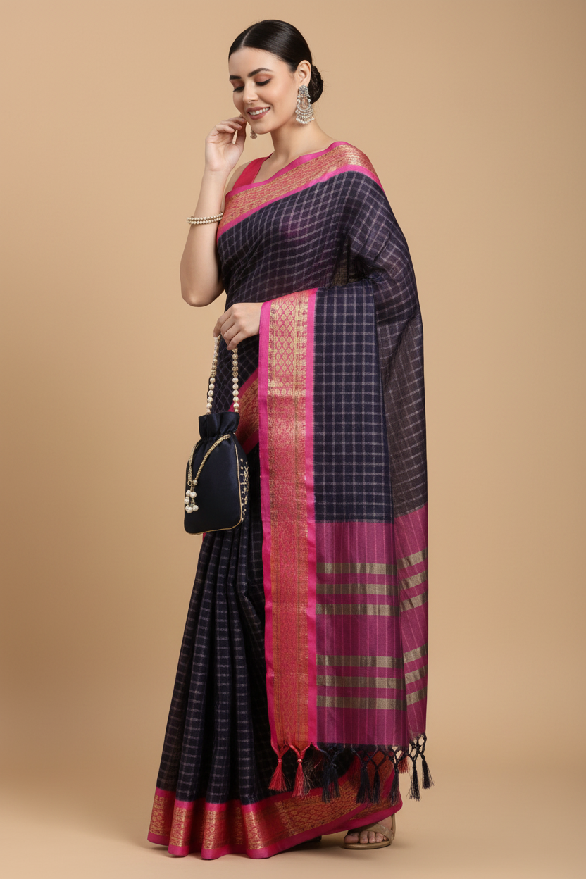 Snuggle Spot Women's Cotton Silk Checkered Saree With Unstitched Blouse 5.5Mtr (Navy Blue)