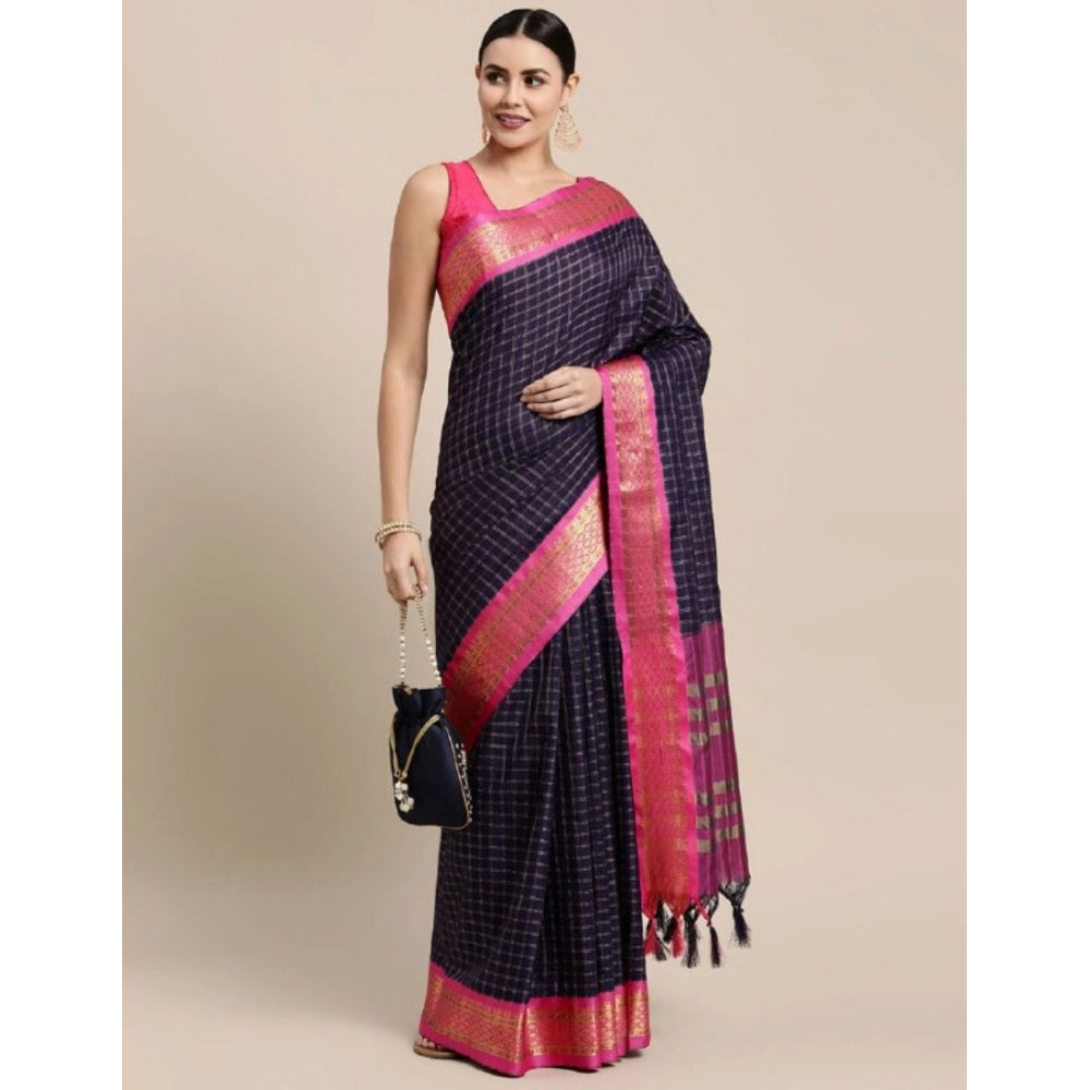 Snuggle Spot Women's Cotton Silk Checkered Saree With Unstitched Blouse 5.5Mtr (Navy Blue)
