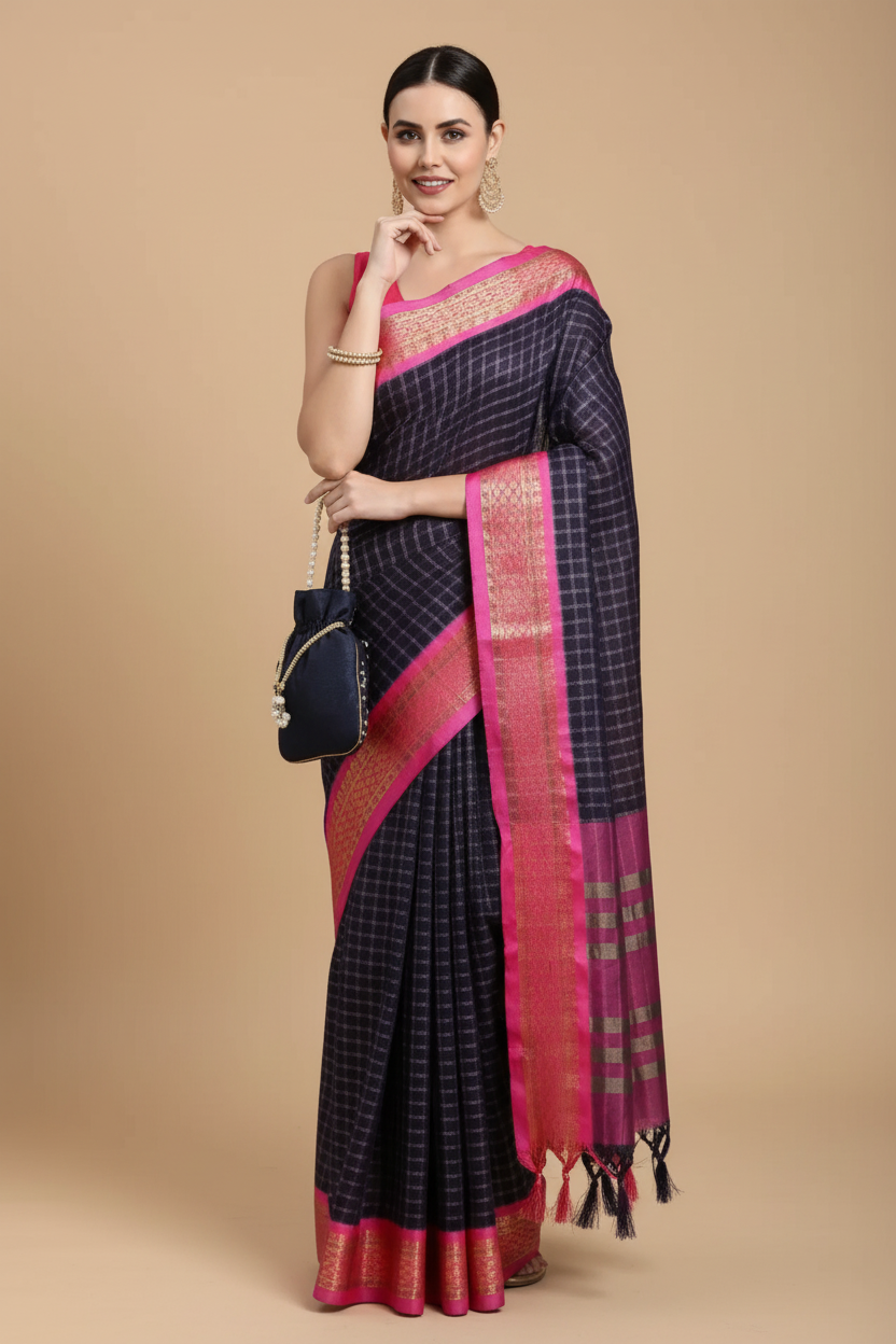 Snuggle Spot Women's Cotton Silk Checkered Saree With Unstitched Blouse 5.5Mtr (Navy Blue)
