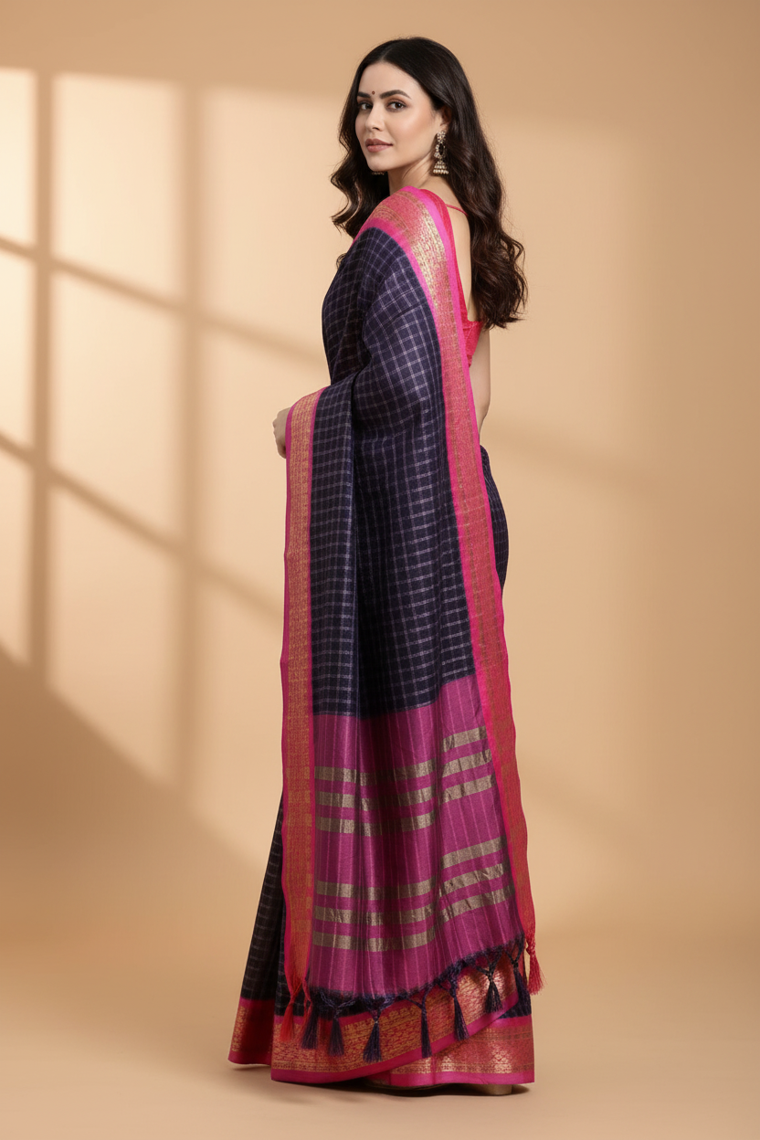 Snuggle Spot Women's Cotton Silk Checkered Saree With Unstitched Blouse 5.5Mtr (Navy Blue)