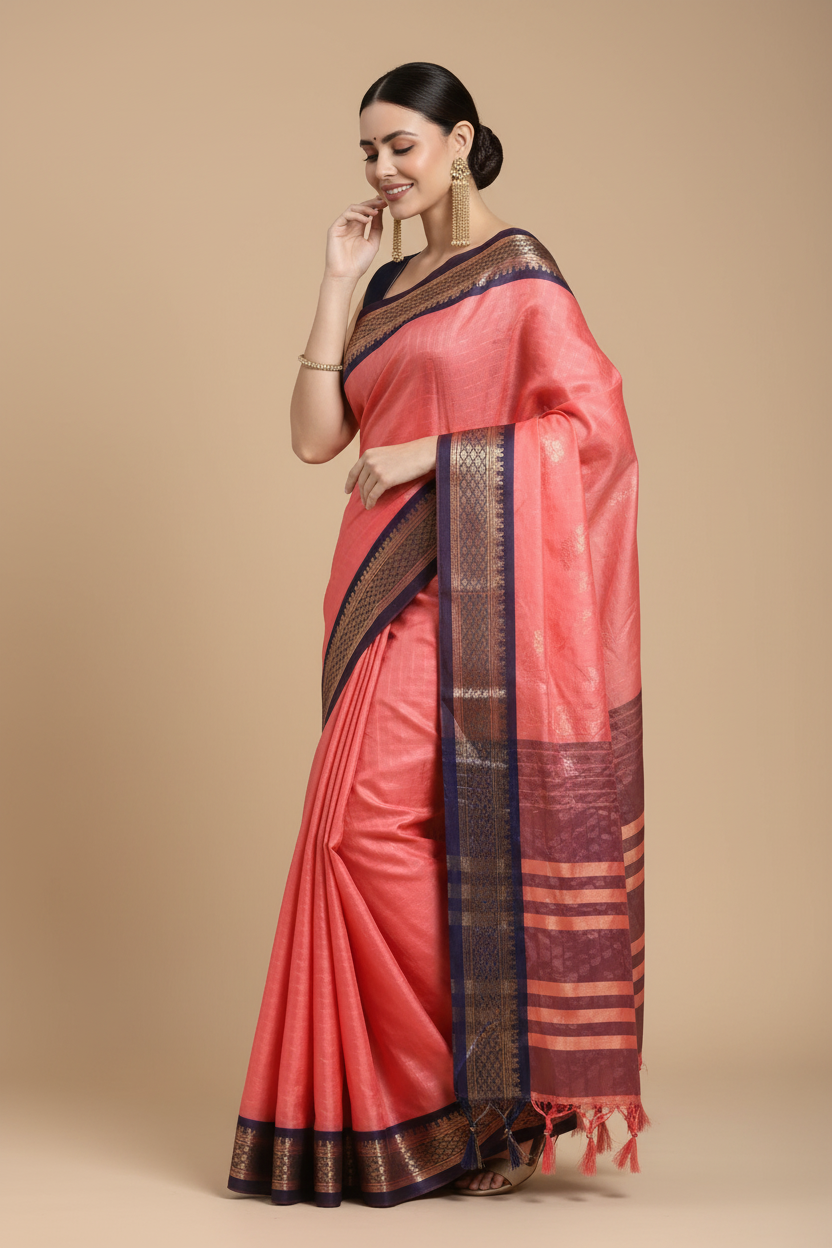 Snuggle Spot Women's Cotton Silk Checkered Saree With Unstitched Blouse 5.5Mtr (Pink)