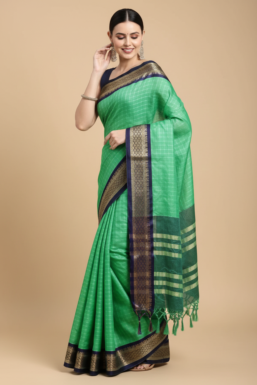 Snuggle Spot Women's Cotton Silk Checkered Saree With Unstitched Blouse 5.5Mtr (Green)