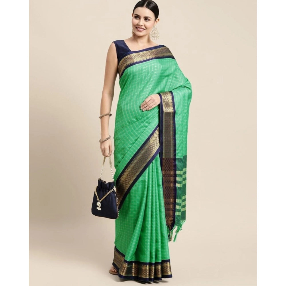 Snuggle Spot Women's Cotton Silk Checkered Saree With Unstitched Blouse 5.5Mtr (Green)