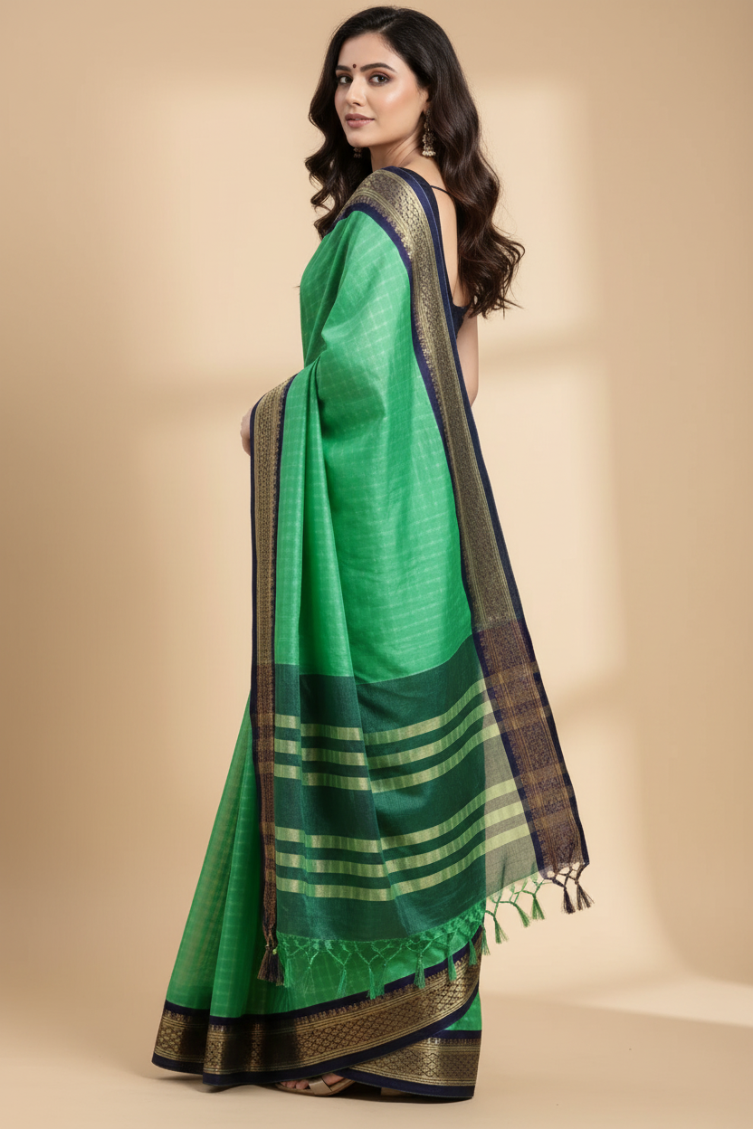 Snuggle Spot Women's Cotton Silk Checkered Saree With Unstitched Blouse 5.5Mtr (Green)
