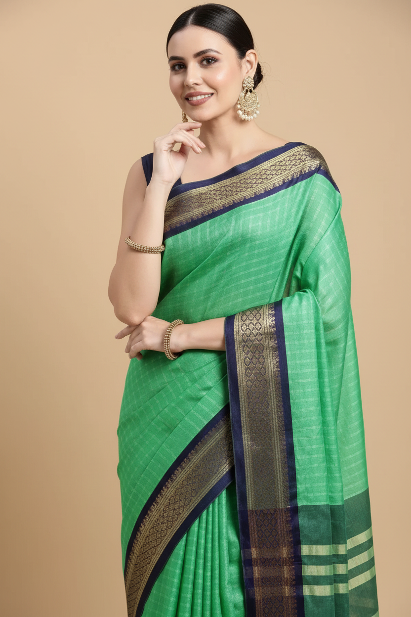 Snuggle Spot Women's Cotton Silk Checkered Saree With Unstitched Blouse 5.5Mtr (Green)