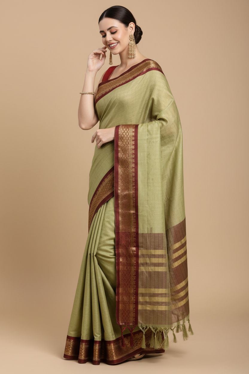 Snuggle Spot Women's Cotton Silk Checkered Saree With Unstitched Blouse 5.5Mtr (olive)