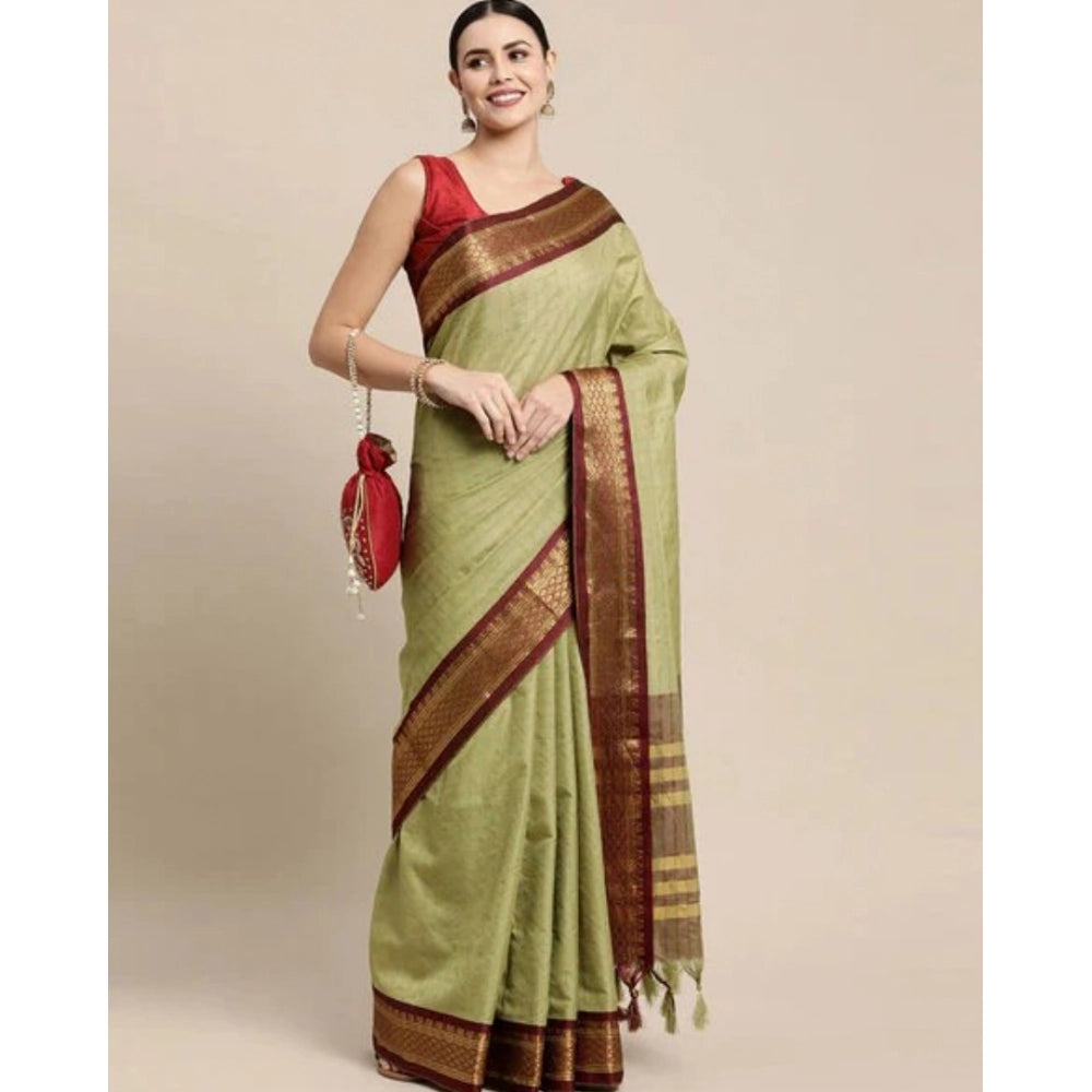 Snuggle Spot Women's Cotton Silk Checkered Saree With Unstitched Blouse 5.5Mtr (olive)