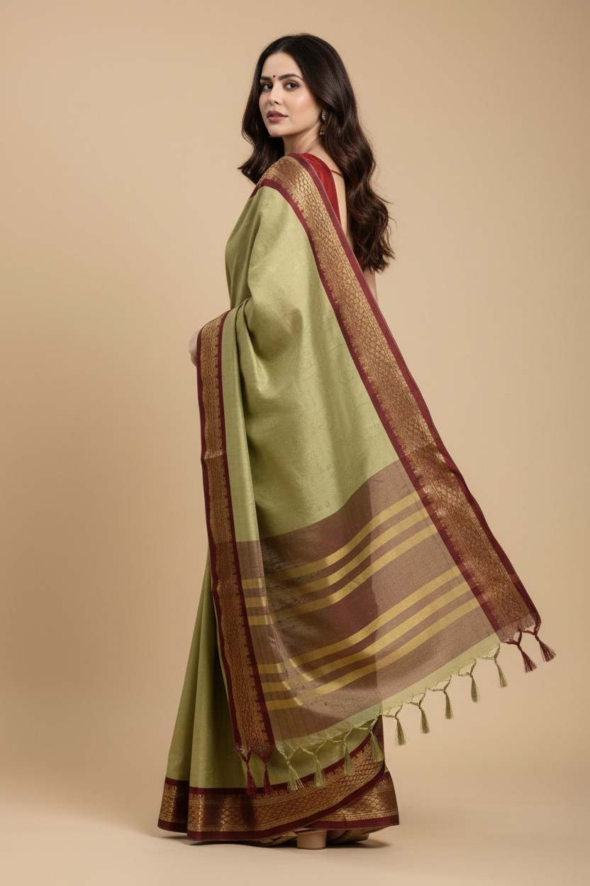 Snuggle Spot Women's Cotton Silk Checkered Saree With Unstitched Blouse 5.5Mtr (olive)
