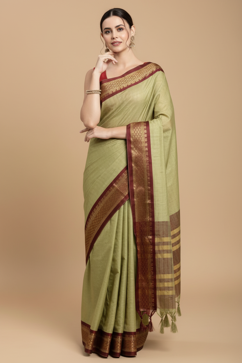 Snuggle Spot Women's Cotton Silk Checkered Saree With Unstitched Blouse 5.5Mtr (olive)