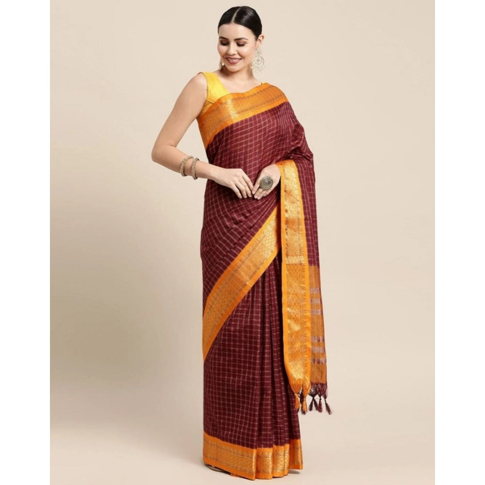 Snuggle Spot Women's Cotton Silk Checkered Saree With Unstitched Blouse 5.5Mtr (Coffee)
