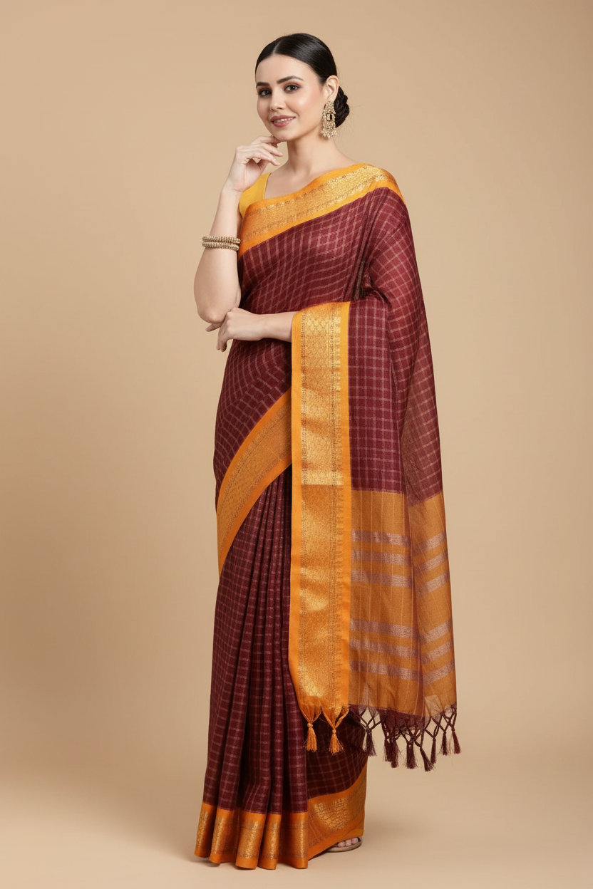 Snuggle Spot Women's Cotton Silk Checkered Saree With Unstitched Blouse 5.5Mtr (Coffee)