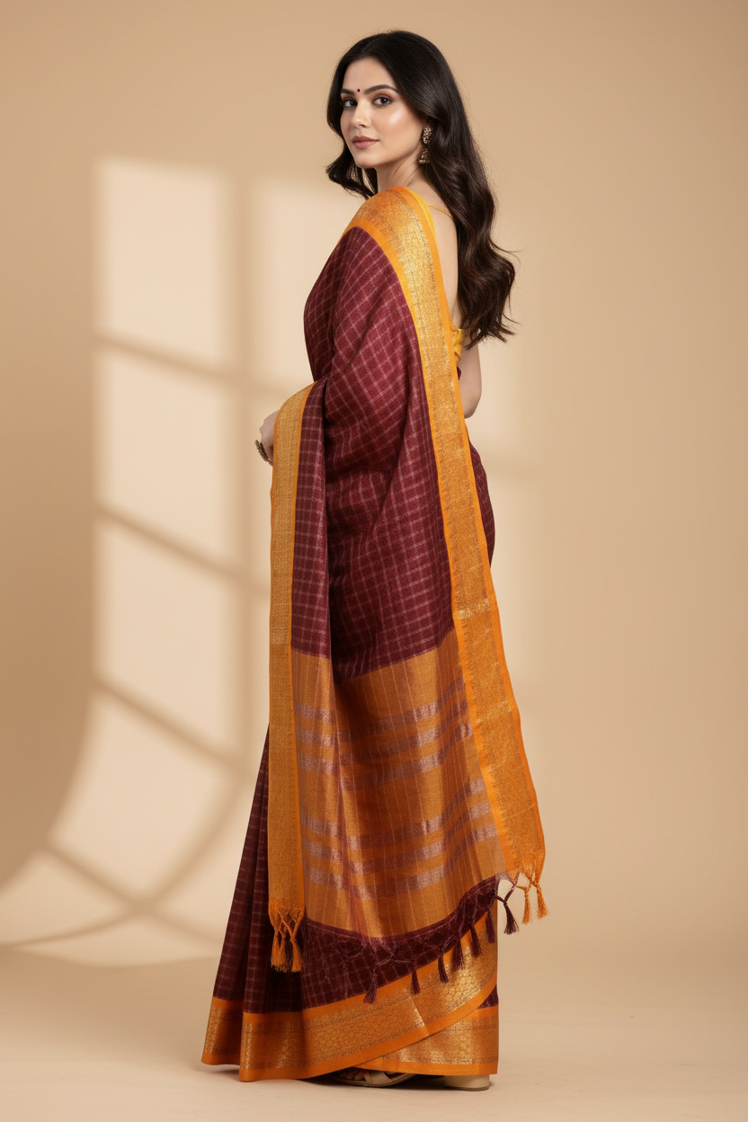 Snuggle Spot Women's Cotton Silk Checkered Saree With Unstitched Blouse 5.5Mtr (Coffee)