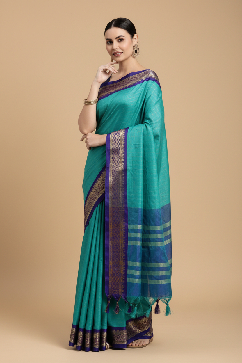 Snuggle Spot Women's Cotton Silk Checkered Saree With Unstitched Blouse 5.5Mtr (Firoji)