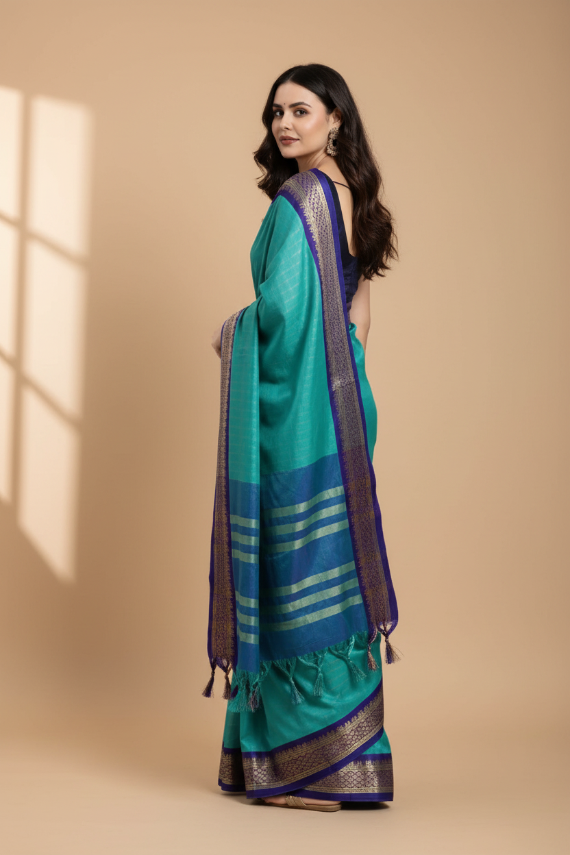 Snuggle Spot Women's Cotton Silk Checkered Saree With Unstitched Blouse 5.5Mtr (Firoji)