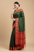 Snuggle Spot Women's Cotton Silk Checkered Saree With Unstitched Blouse 5.5Mtr (B Green)