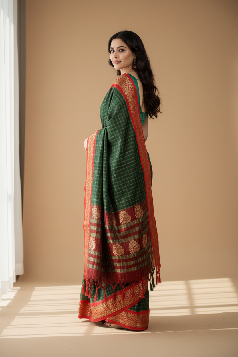 Snuggle Spot Women's Cotton Silk Checkered Saree With Unstitched Blouse 5.5Mtr (B Green)