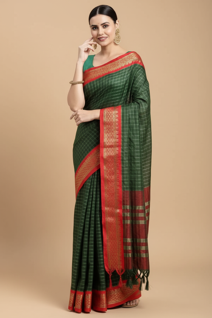 Snuggle Spot Women's Cotton Silk Checkered Saree With Unstitched Blouse 5.5Mtr (B Green)