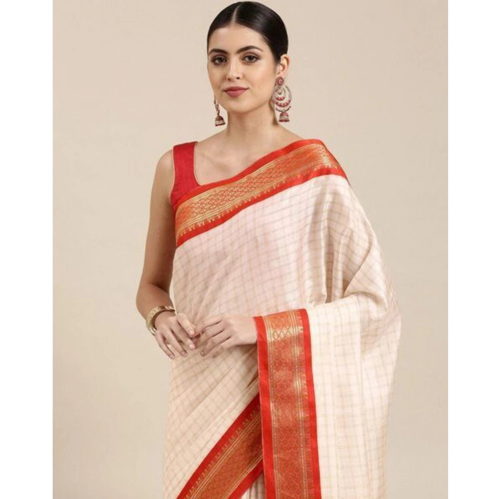 Snuggle Spot Women's Cotton Silk Checkered Saree With Unstitched Blouse 5.5Mtr (Red)