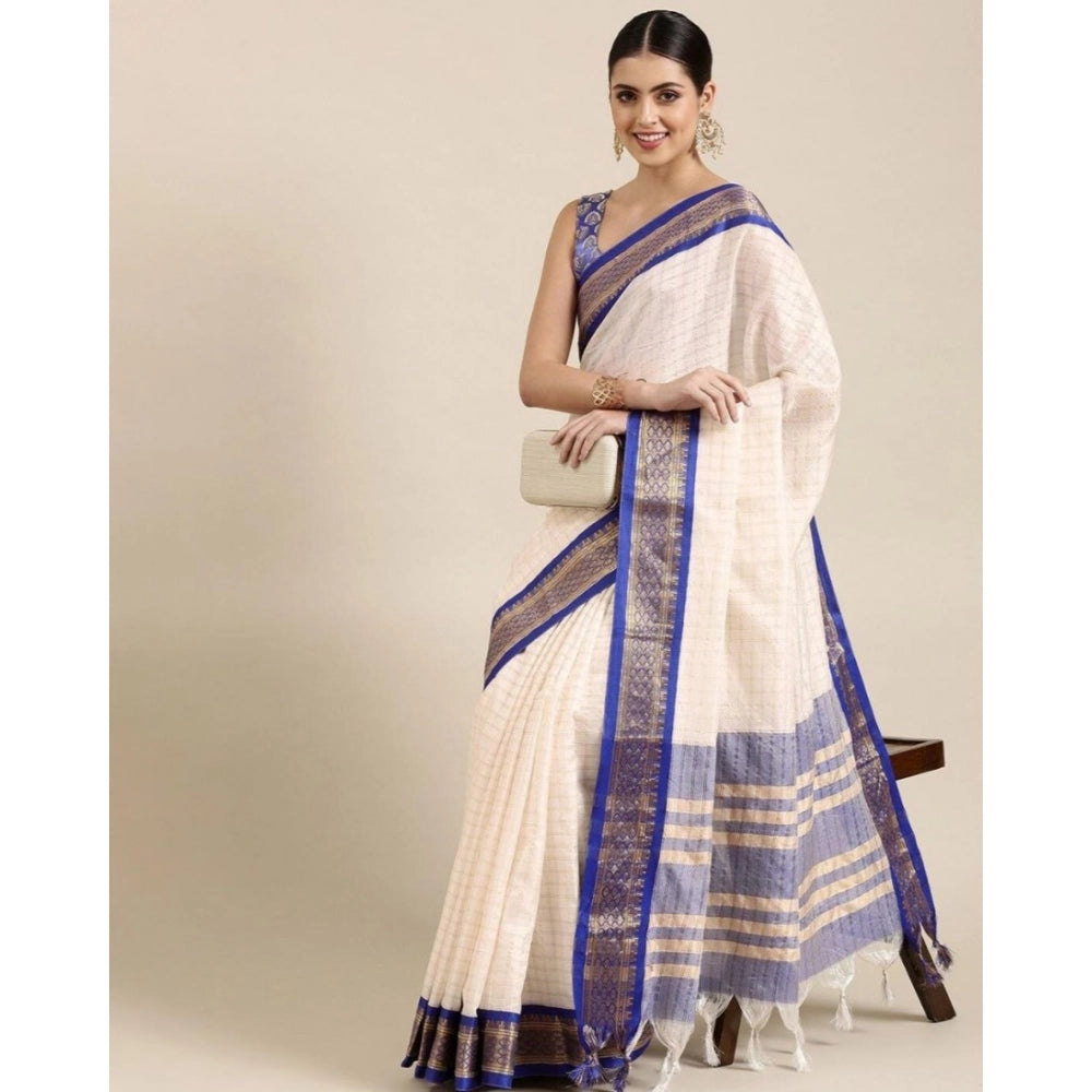 Snuggle Spot Women's Cotton Silk Checkered Saree With Unstitched Blouse 5.5Mtr (R Blue)