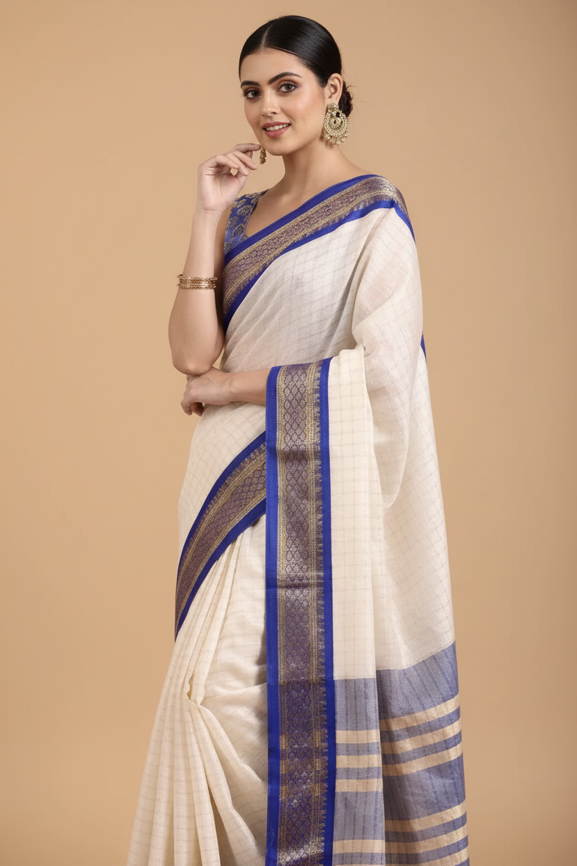 Snuggle Spot Women's Cotton Silk Checkered Saree With Unstitched Blouse 5.5Mtr (R Blue)