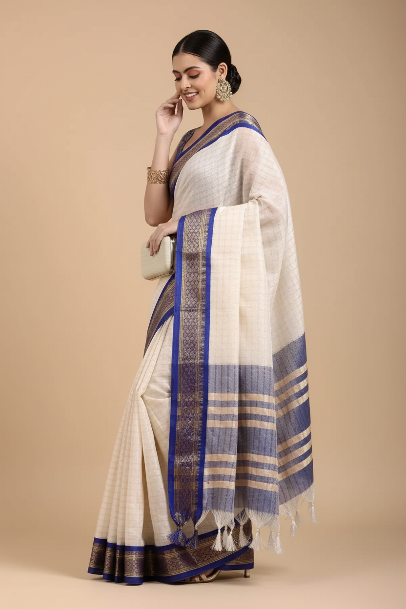 Snuggle Spot Women's Cotton Silk Checkered Saree With Unstitched Blouse 5.5Mtr (R Blue)