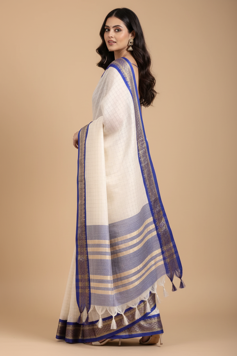 Snuggle Spot Women's Cotton Silk Checkered Saree With Unstitched Blouse 5.5Mtr (R Blue)