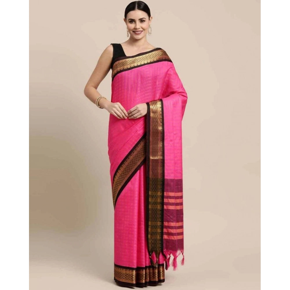 Snuggle Spot Women's Cotton Silk Checkered Saree With Unstitched Blouse 5.5Mtr (Rani Black)