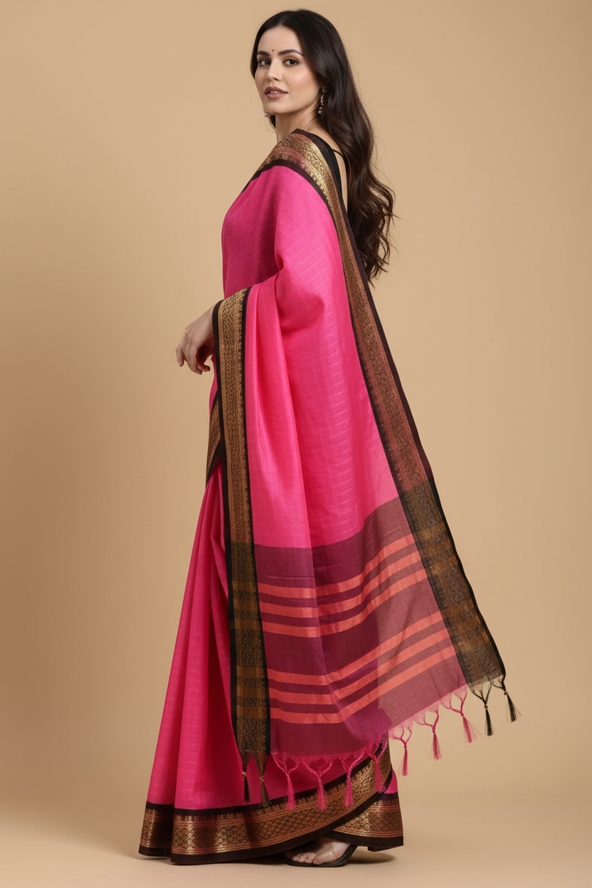 Snuggle Spot Women's Cotton Silk Checkered Saree With Unstitched Blouse 5.5Mtr (Rani Black)