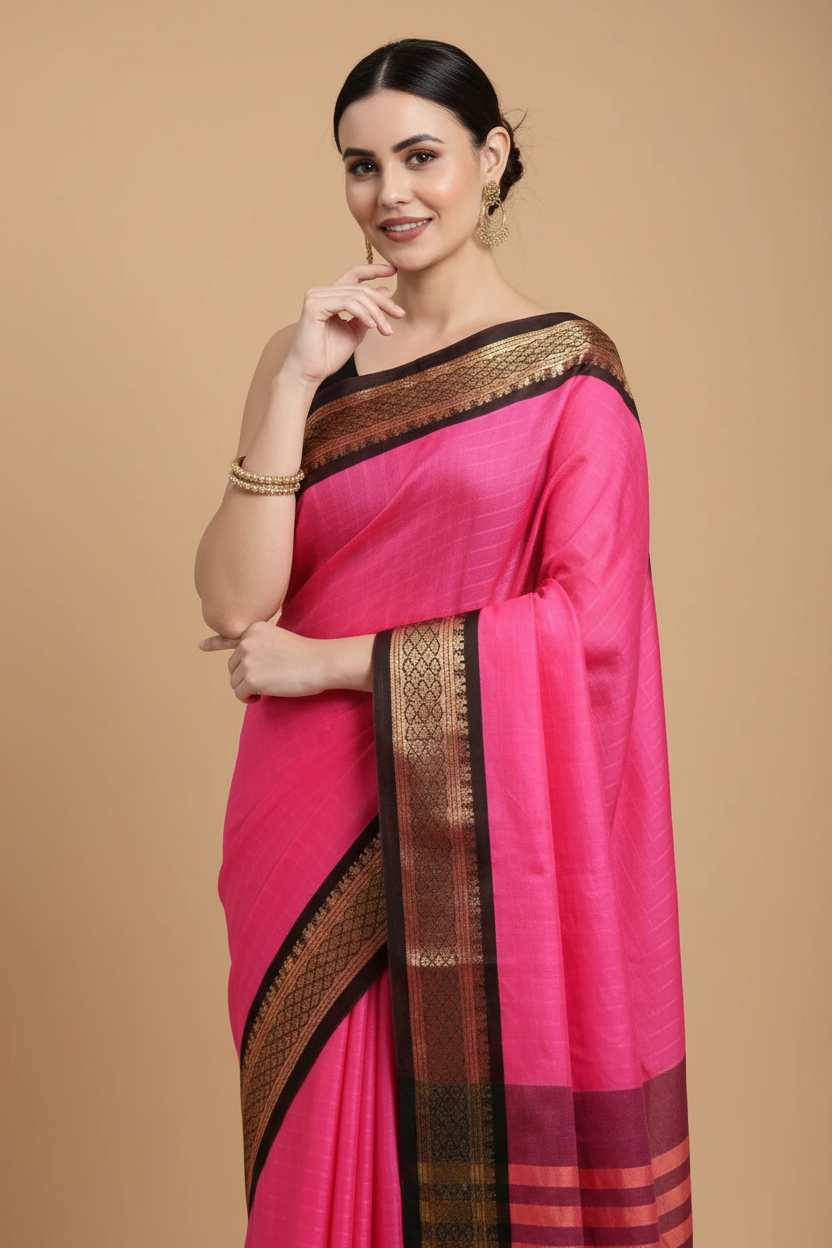 Snuggle Spot Women's Cotton Silk Checkered Saree With Unstitched Blouse 5.5Mtr (Rani Black)