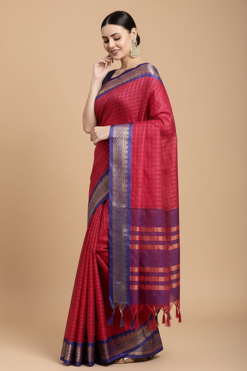 Snuggle Spot Women's Cotton Silk Checkered Saree With Unstitched Blouse 5.5Mtr (Red)