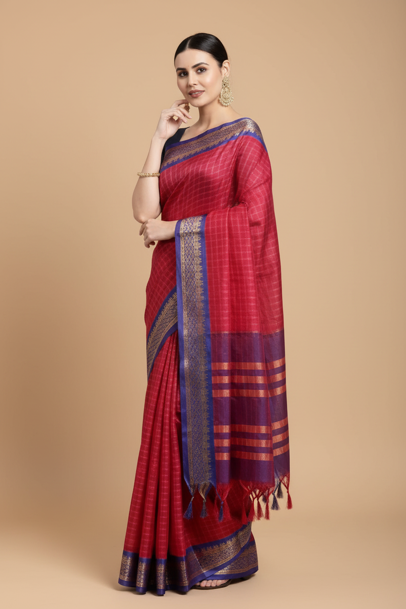 Snuggle Spot Women's Cotton Silk Checkered Saree With Unstitched Blouse 5.5Mtr (Red)