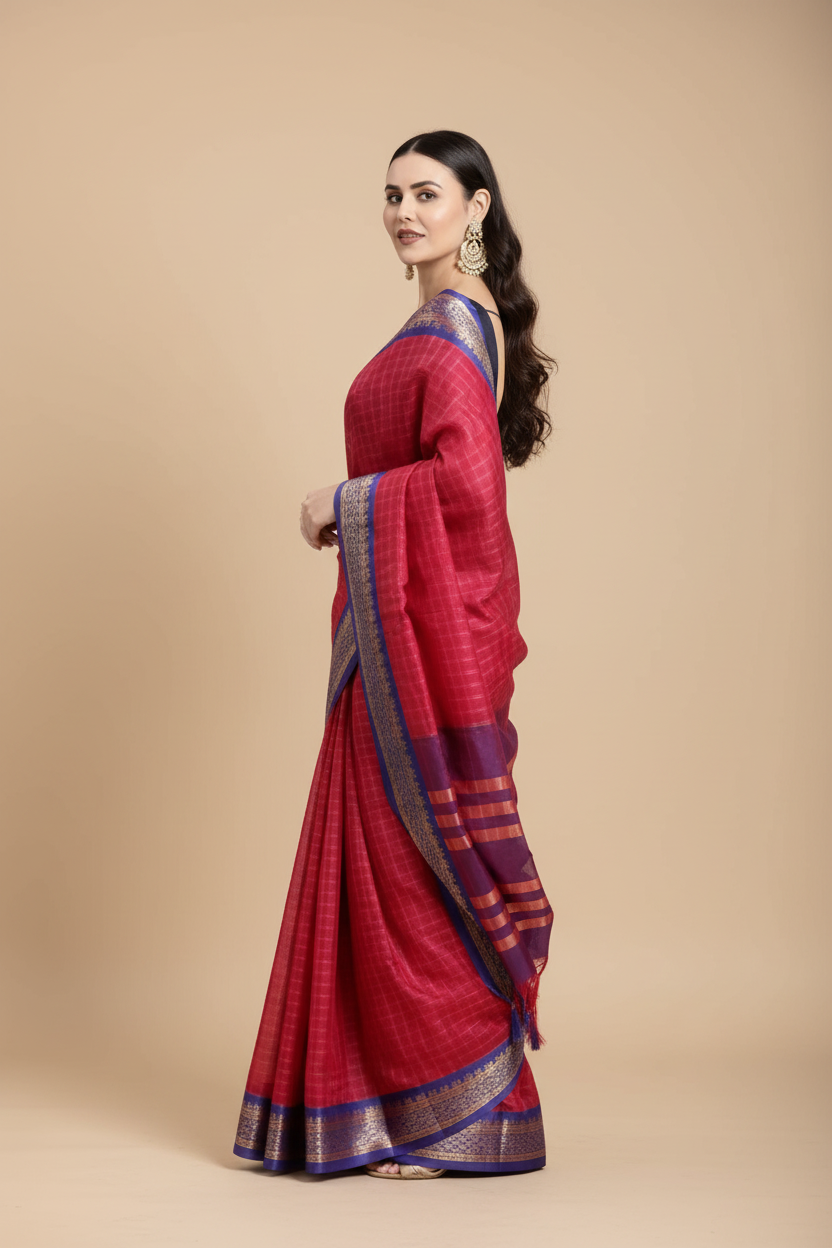 Snuggle Spot Women's Cotton Silk Checkered Saree With Unstitched Blouse 5.5Mtr (Red)