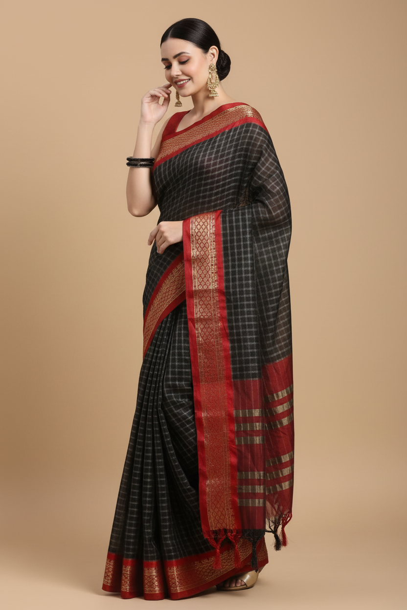 Snuggle Spot Women's Cotton Silk Checkered Saree With Unstitched Blouse 5.5Mtr (Black)