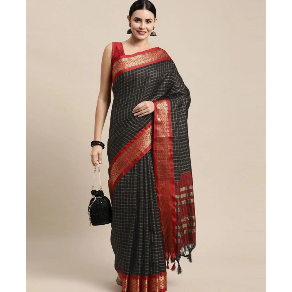 Snuggle Spot Women's Cotton Silk Checkered Saree With Unstitched Blouse 5.5Mtr (Black)