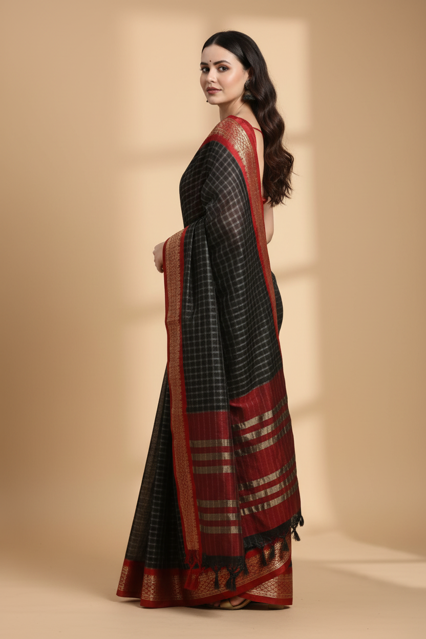 Snuggle Spot Women's Cotton Silk Checkered Saree With Unstitched Blouse 5.5Mtr (Black)