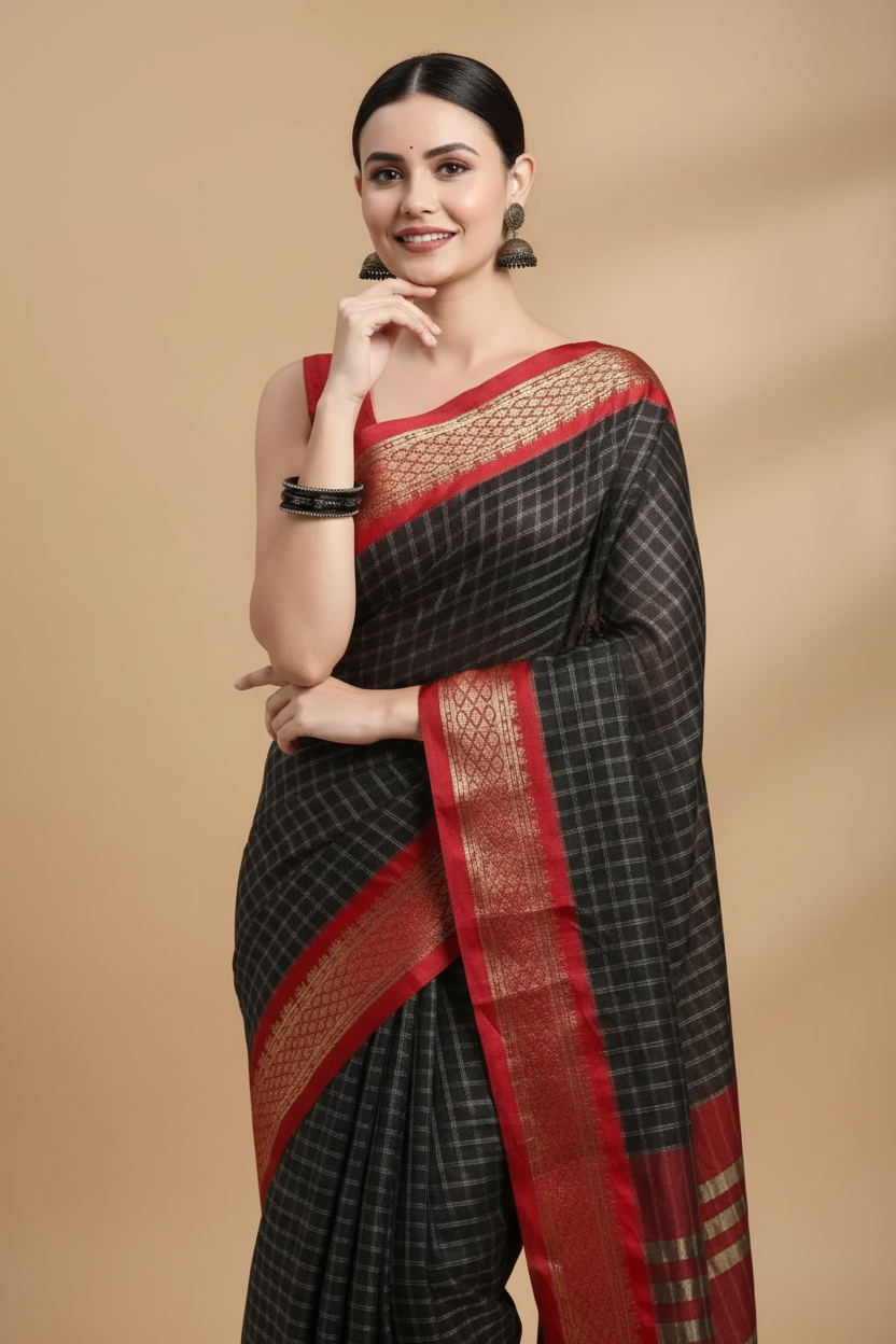 Snuggle Spot Women's Cotton Silk Checkered Saree With Unstitched Blouse 5.5Mtr (Black)