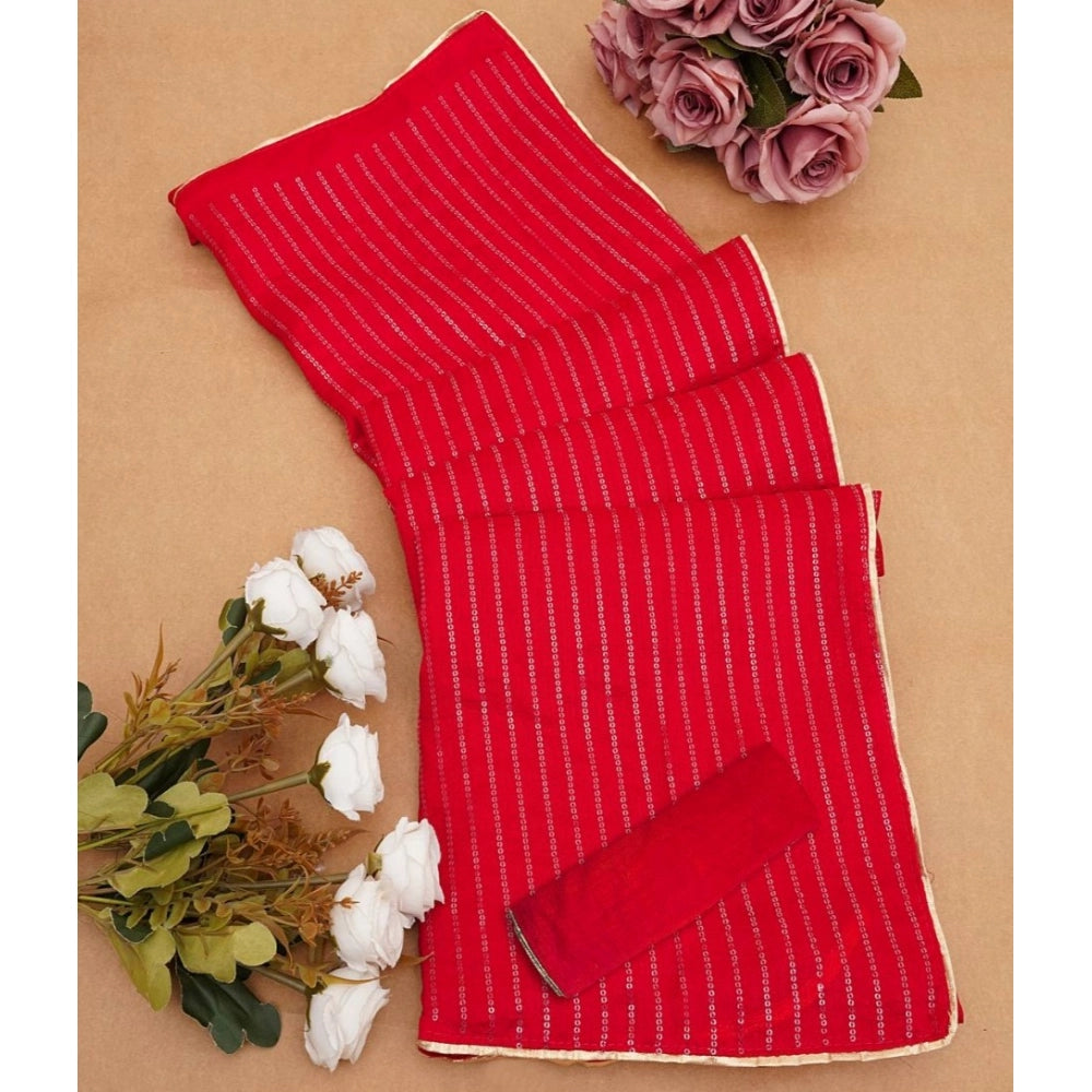 Snuggle Spot Women's Vichitra Silk Striped Saree With Unstitched Blouse 5.5Mtr (Red)
